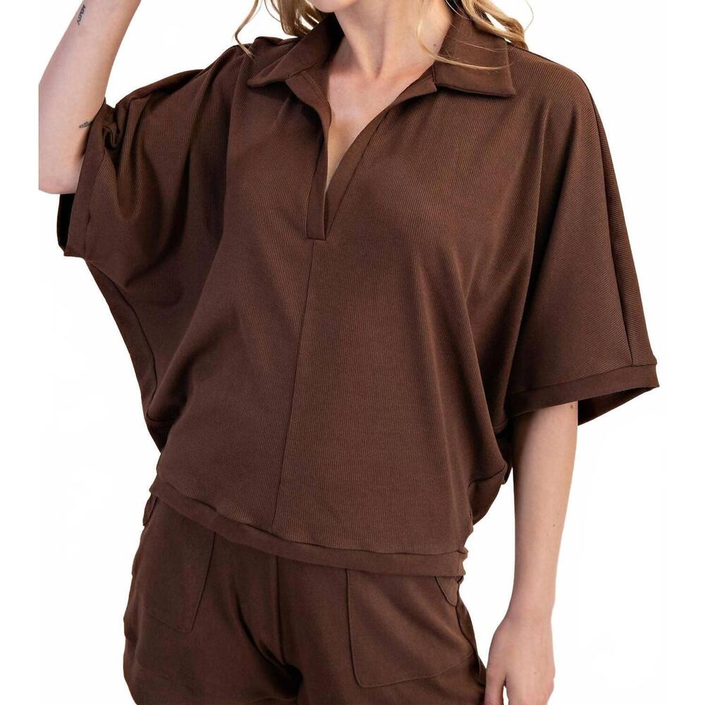 NEW GLAM v-neckline dropped shoulder knit top in mocha